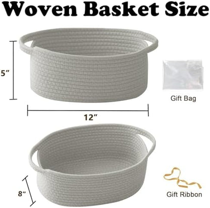 Grey Woven Rope Basket - Baby Gift Basket with Bag & Ribbon