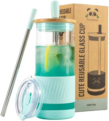 Pandaloo® Glass Cups With Lids and Straws -20 Fl Oz- Perfect Size Iced Coffee Cup - Smoothie Cup With Bamboo Lid and On the go Lid - Glass Tumbler With Straw (1 Count (Pack of 1), Carribean Blue)