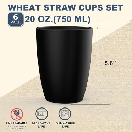 Wrova Wheat Straw Cups 6 PCS Good Alternative to Plastic Reusable Cups 20 oz Unbreakable Drinking Cup Reusable Dishwasher Safe Water Plastic Glasses Black