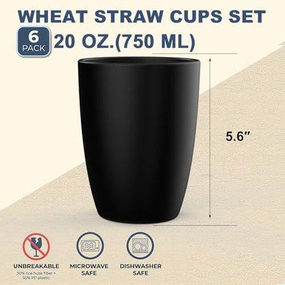 Wrova Wheat Straw Cups 6 PCS Good Alternative to Plastic Reusable Cups 20 oz Unbreakable Drinking Cup Reusable Dishwasher Safe Water Plastic Glasses Black