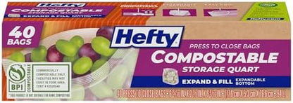 Hefty Compostable Press-To-Close Storage Bags, Quart Size, 40 Count