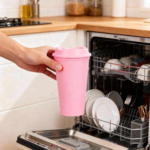 16oz Reusable Plastic Coffee Cups with Lids, 13 Pack, Pink