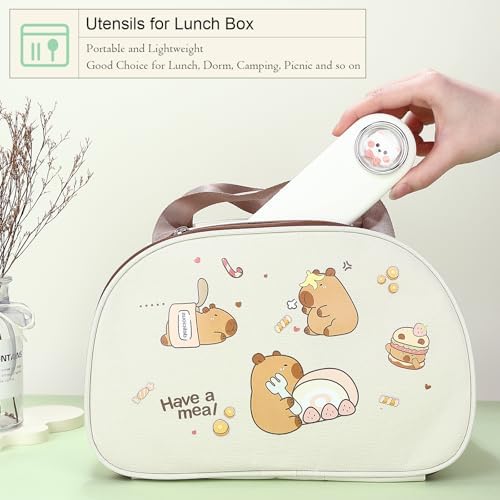 DEVICO Travel Utensils with Case Cute, Reusable Silverware for Lunch, 4Pcs Portable Cutlery Set, 18/8 Stainless Steel Fork Spoon Chopsticks in Cartoon Case, Dishwasher Safe (White)