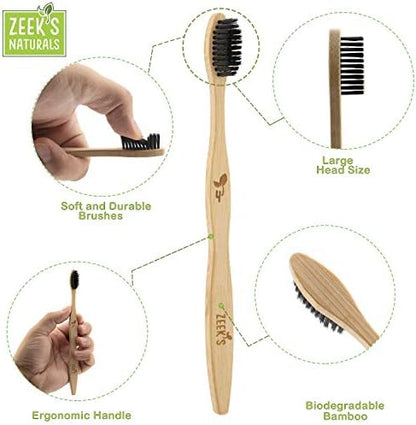 Biodegradable Eco-Friendly Natural Bamboo Charcoal Toothbrushes - Pack of 4 - Numbered - Charcoal Infused Bristles