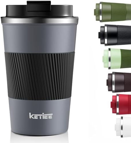 KETIEE Travel Coffee Mug Spill Proof 12oz, Insulated Reusable Coffee Cups with Seal Lid, Vacuum Stainless Steel Travel Mug to Go Car Tumbler for Hot/Iced Drinks (Grey)