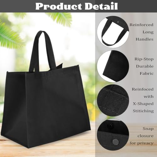 Zhehao 60 Pcs Reusable Grocery Bags Bulk Large Foldable Shopping Tote Bags Non Woven with Handle and Plastic Button(Black)