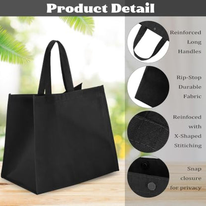 Zhehao 60 Pcs Reusable Grocery Bags Bulk Large Foldable Shopping Tote Bags Non Woven with Handle and Plastic Button(Black)