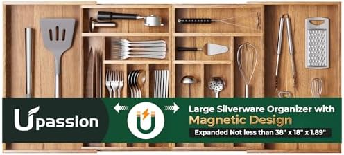 Large Silverware Organizer, 13 Slots Magnetic Connected Expandable Acacia Wood Utensil Drawer Organizer From 21 to 37.4 Inches, Adjustable Flatware and Cutlery Holder, Utensil Tray for Kitchen Natural