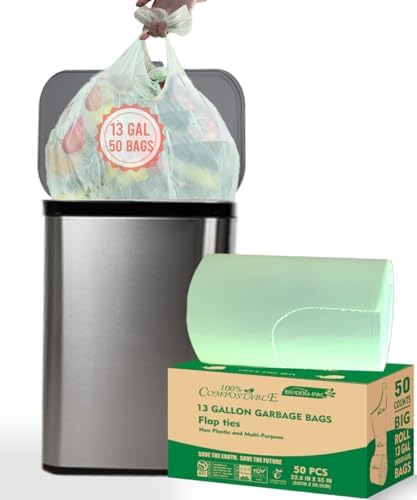 BEIDOU-PAC 13 Gallon Flap Tie Compostable Trash Bags, 50 Count, Compost Bags Tall Kitchen Trash Bags, Sturdy Garbage Bags Food Scrap Waste Bags, ASTM D6400, US BPI Certified, Green