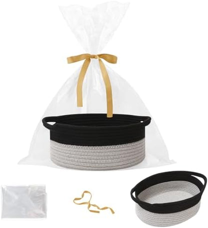 Woven Rope Basket - Baby Gift Basket with Bag & Ribbon, Black&Grey