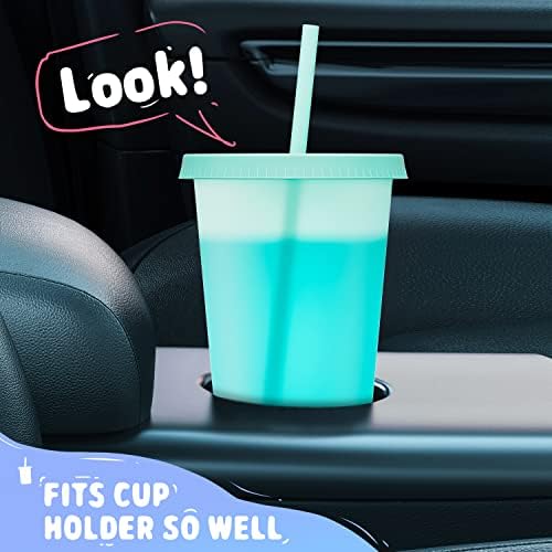 Meoky Plastic Color Changing Cups - 12 Pack 24 oz, Reusable with Lids and Straws for Adults, Kids, Parties, Cute Cold Cups for Iced Coffee