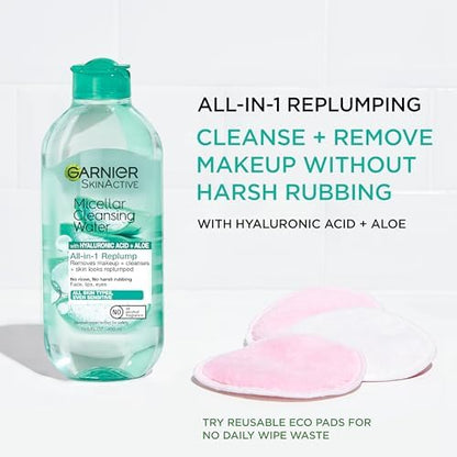 Garnier Micellar Water with Hyaluronic Acid, Facial Cleanser & Makeup Remover, Hydrating and Plumping, For All Skin Types, Vegan, Cruelty Free, 13.5 Fl Oz (400mL), 1 Count