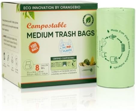 OrangeBio 8 Gallon Compostable Trash Bags, 100 Count, BPI Home Certified