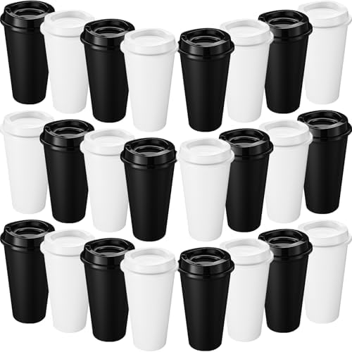 Honeydak 45 Pack 16 oz Reusable Coffee Cups with Lids Water Bottle Iced Coffee Travel Mug Reusable Portable Plastic Tea Tumblers Bulk for Hot and Cold Drinks Birthdays Party(Classic,Black, White)