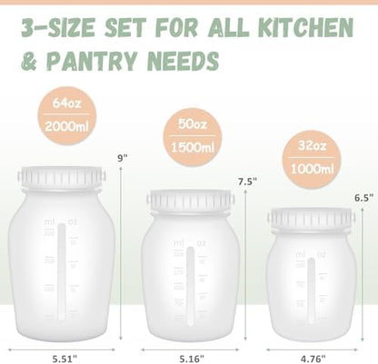 Silicone Food Storage Containers Set, Leak proof Pickling Canister Jars with Lid, Collapsible Reusable Kitchen Pantry Organization Canisters, Suitable for Pickling, Dishwasher Freezer Safe, 3 Pack