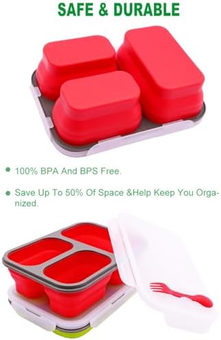 2 Pack Big Size Collapsible Silicone Bento Lunch Boxes With Lids Spoons Forks,3 Compartments, Divided Lunch Food Storage Containers, Safe in Microwave, Dishwasher and Freezer, 45.6oz, BPA Free