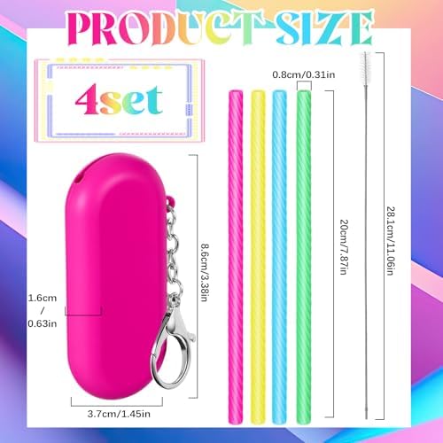 Meanplan 4 Sets Reusable Straws Travel Case Brush Silicone,Neon Colors