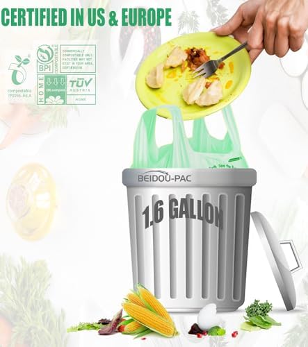BEIDOU-PAC 1.6 Gallon Certified Compostable Trash Bags with Handle, 125 Count Small Compost Kitchen Garbage Bags, Food Scrap Waste Bags for Countertop Bin, Meets ASTM D6400 US BPI Certified