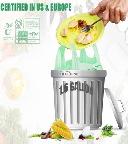 BEIDOU-PAC 1.6 Gallon Certified Compostable Trash Bags with Handle, 125 Count Small Compost Kitchen Garbage Bags, Food Scrap Waste Bags for Countertop Bin, Meets ASTM D6400 US BPI Certified