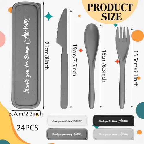 24 Pack Reusable Travel Utensils Set Case Thank You for Being Awesome Appreciation Gifts Bulk for Employee Coworker Student Portable Lunch Utensils Wheat Straw Fork Spoon Knife for Picnic(Plain Color)