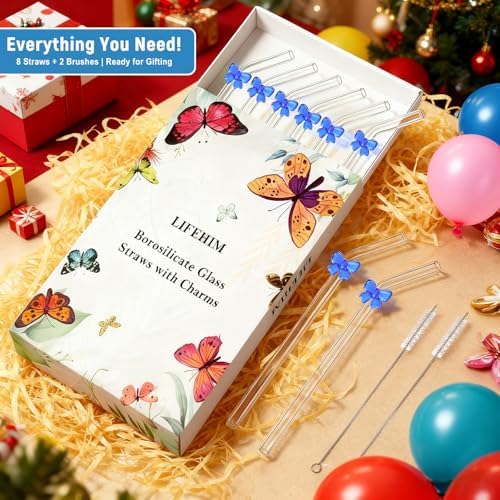 Cute Glass Straws with Blue Bow Charms, 8-Pack 9-Inch Bent for Tumblers