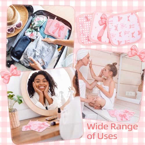 24 Pcs Pink Bow Party Favor Makeup Remover Cloth 6" x 6" Towels Reusable Coquette Pink Bow Remover Face Pads Soft Microfiber Washcloths Facial Cloths Makeup Towel Gift for Women