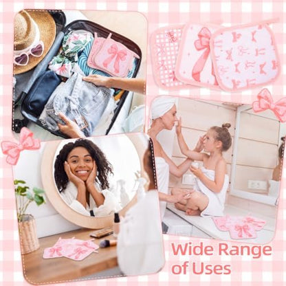 24 Pcs Pink Bow Party Favor Makeup Remover Cloth 6" x 6" Towels Reusable Coquette Pink Bow Remover Face Pads Soft Microfiber Washcloths Facial Cloths Makeup Towel Gift for Women
