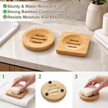 2 Pcs Bamboo Soap Holder, 2 Styles Soap Tray for Shower Kitchen Sink