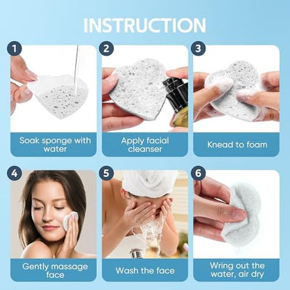 GAINWELL 50-Count Heart Shape Compressed Facial Sponges for Daily Facial Cleansing and Exfoliating, 100％ Natural Cosmetic Spa Sponges for Makeup Remover, White