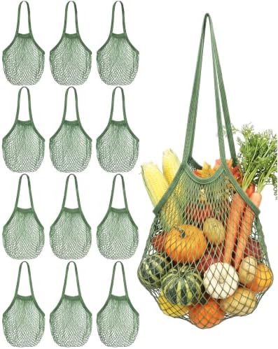 Eccliy 12Pcs Reusable Cotton Mesh Grocery Bag with Handle, Green, 10 in