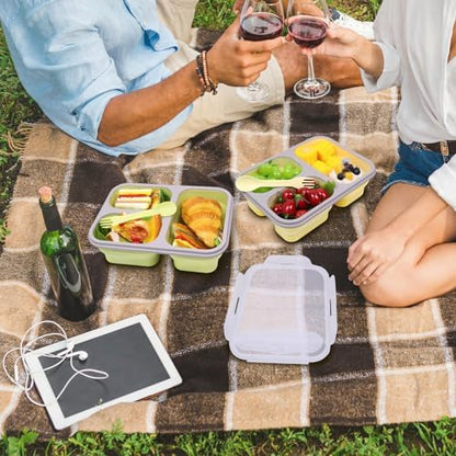 2 Pack Big Collapsible Silicone Bento Lunch Boxes With Lids spoons forks,3 Compartments, Divided Lunch Food Storage Containers, Safe in Microwave, Dishwasher and Freezer, 45.6oz (Yellow+Green)