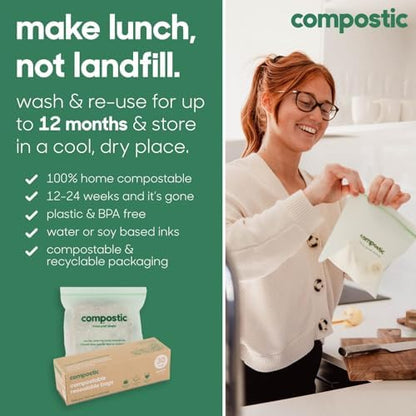 Compostic Compostable Snack Bags, 100 Ct Essential, Zip-Seal