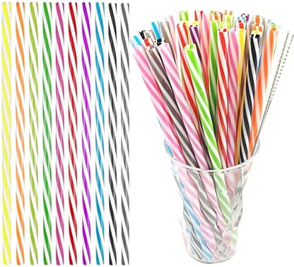 100 Reusable Stirrer Straws,Assorted Color Plastic Stripe Drinking Straws