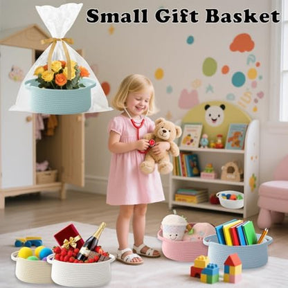 Woven Rope Basket - Baby Gift Basket with Bag & Ribbon, Aqua