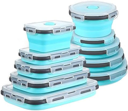 GEMLORD 10 Pieces Collapsible Food Storage Containers Foldable Silicone Lunch Containers with Airtight Lids, 5 Pcs Rectangle and 5 Pcs Round Food Bowls for Kitchen Microwave Freezer Dishwasher Safe