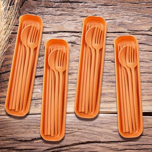 ELANE 4 Sets Reusable Travel Utensils Set with Case,Camping Cutlery Set Reusable Cutlery Set with Case,Utensil Sets for Lunch Picnic Daily Use Outdoor (orange)