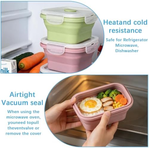 6 Pcs Silicone Food Containers 11.8 oz Collapsible Storage Containers with Airtight Lids Stacking Meal Prep Lunch Leftover Food fruits Storage Foldable Box for Freezer Microwave Dishwasher Safe
