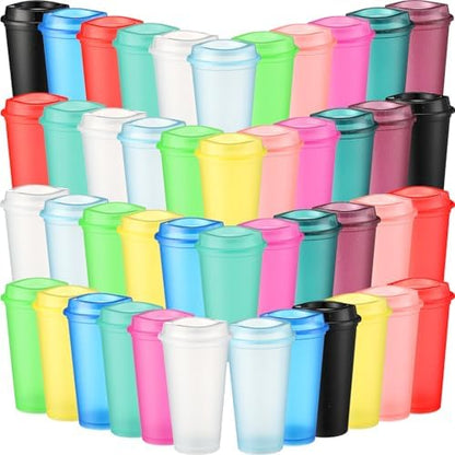 Honeydak 45 Pack 16 oz Reusable Coffee Cups with Lids Water Bottle Iced Coffee Travel Mug Portable Plastic Tea Tumblers Bulk for Hot and Cold Drinks Birthdays Party (Fluorescent Color,Stylish)