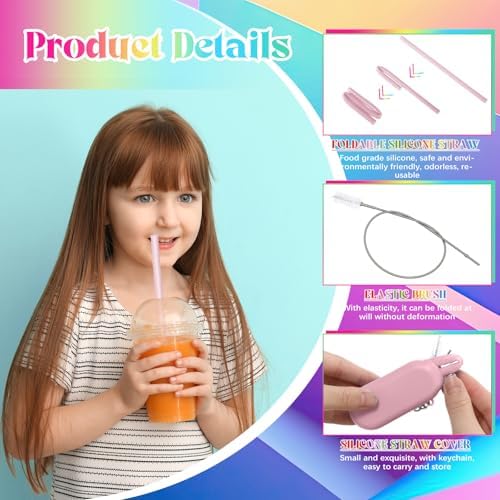 Meanplan 4 Sets Reusable Straws Travel Case Brush Silicone,Pink