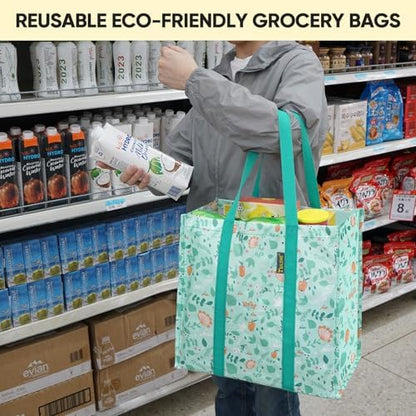 BALEINE 8 PK Grocery Bags Reusable Shopping Bags with Reinforced Bottom, Heavy Duty Foldable Tote Bags (Spring Stroll)