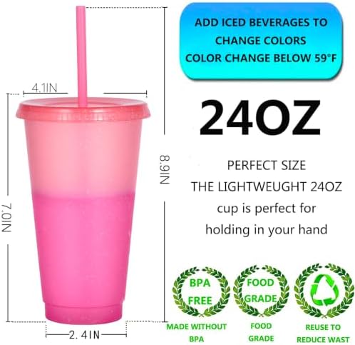 Color Changing Cups, 5 Pack 24oz Plastic Tumblers, Reusable Iced Coffee & Smoothie Cups with Lids and Straws for Parties and Travel (Cranberry, 24 Pcak)