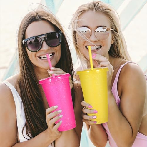 Suertestarry Tumbler with Straw and Lid,Water Bottle Iced Coffee Travel Mug Cup,Reusable Plastic Cups,Perfect for Parties,Birthdays,24oz-10 Pack (Sparkling, 10 pack)