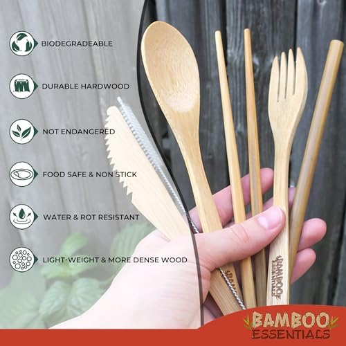 Travel Utensils with Case Set Fork, Knife, Spoon, Chopsticks, Straw, Straw-cleaning brush, Travel Pouch and Carabiner, Excellent For Everyday Use! ((1Set) Sunset Red)