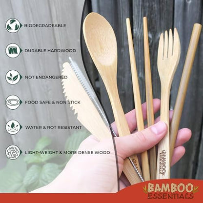 Travel Utensils with Case Set Fork, Knife, Spoon, Chopsticks, Straw, Straw-cleaning brush, Travel Pouch and Carabiner, Excellent For Everyday Use! ((1Set) Sunset Red)