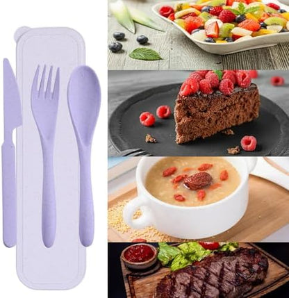 4‑Pack Travel Wheat Straw Utensils, BPA Free Fork Spoon Knife Storage Case