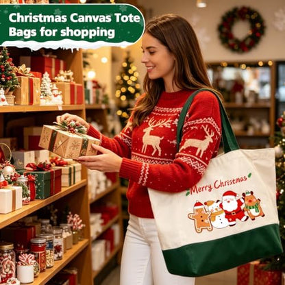 Christmas Canvas Tote Bags with Handles, Large Merry Christmas Shopping Bag