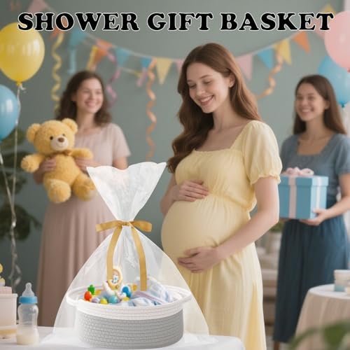 Woven Rope Basket - Baby Gift Basket with Bag & Ribbon, White&Grey