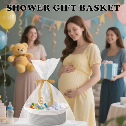 Woven Rope Basket - Baby Gift Basket with Bag & Ribbon, Grey