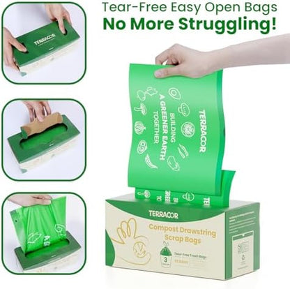 3 Gallon Compostable Trash Bags Drawstring, Heavy Duty Extra Thick 0.9 Mil, 45 Bags, Fits 2.6, 3, 4, 5 Gallon Countertop Bin Kitchen Food Scrap Waste Bag, ASTM D6400