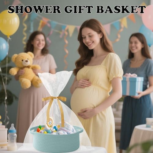 Woven Rope Basket - Baby Gift Basket with Bag & Ribbon, Aqua